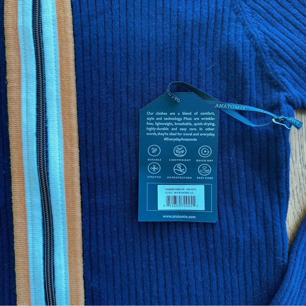 NWT Anatomie Charlize Navy Zip-Up Ribbed Travel Sweater Orange Cream Stripe - Picture 6 of 14
